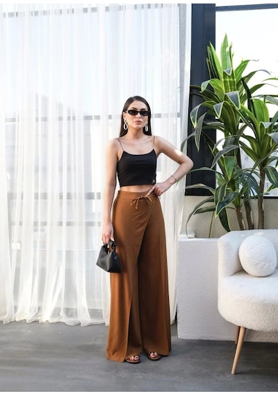 Defymoda Keten Önü Çapraz Parçali Lasti Kli Ve Bağcikli Geni Ş Paça Pantolon Taba