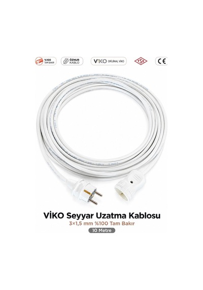 Viko Viko Seyyar Uzatma Kablosu 10m 10 Metre 3x1.5 Mm %100 Bakır Öznur Kablo Viko Erkek Dişi Fiş Klemens Terminalli Topraklı Tse Ce Belgeli 10 M