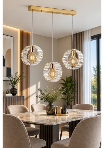 Modern Premium Gold Camlı Led 3 X E27 Duy Sarkıt Salon Mutfak Yemek Odası Avizesi 60w