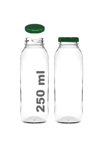 250 Ml Şeffaf Hale Cam Şişe, Yeşil Metal Kapaklı, Meyve Suyu Ve İçecekler İçin, 250 Cc, Yerli Üretim, 15 Adet 12 Izgara