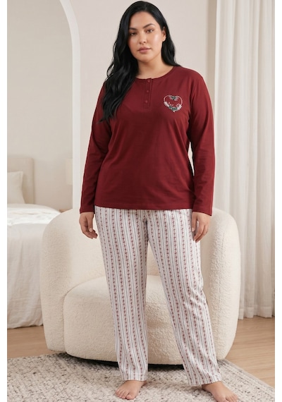 Siyah İnci Pamuklu Likralı Büyük Beden Battal Boy Örme Pijama Takım 26240946 Bordo