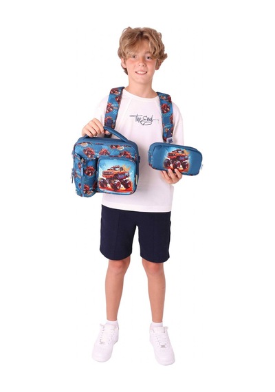 Kaukko Kids Erkek Çocuk Arazi Aracı Baskılı Üçlü Okul Çanta Seti Okul Çantası+beslenme Çantası+kalemlik Kırmızı - Yeşil
