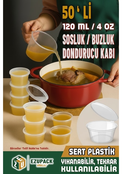 50 Adet Sızdırmaz 120 Ml Mini Saklama Kabı Sosluk Buzluk Kabı, Et Suyu, Kemik Suyu, Sos Kabı Mutfak Diğer