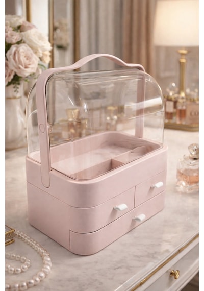 Elora Pembe Makyaj Organizeri, 35x26x17,5 Cm, 3 Çekmeceli, Şeffaf 90 İki Kapaklı