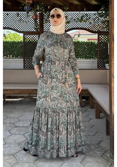 Rabia Şamlı Rengin Şal Desenli Gömlek Elbise Yeşil Normal