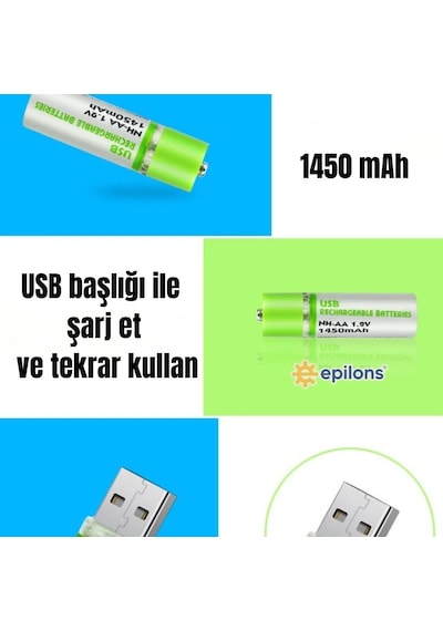 Ers Usb İle Şarj Olabilen 2 Li 1450 Mah Lityum Şarjlı Kalem Pil
