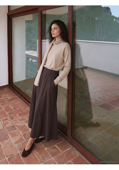 Lcw Modest Kahverengi Beli Lastikli Gabardin Kloş Etek