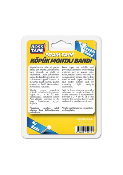 Çift Tarafli Köpük Aksesuar Montaj Bandi 5 Kg, 19 Mm X 2 Metre Boyut Diğer