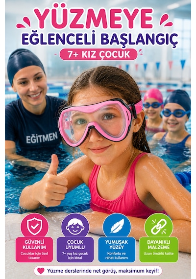 Pembe Çocuk Deniz Havuz Dalış Maskesi Tempered Cam Tek Silikon Ayarlı Yüzücü Maskesi 7+ Yaş