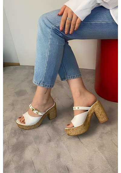 Asmi Shoes Kadın Tena Mantar Taban Platform Topuklu Terlik 10 Cm Snd456 Beyaz Beyaz