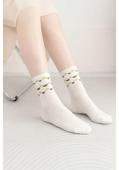 Hitit Socks Kadın 5 Çift Premium Kalite Yeçil Çiçek Desenli Soket Çorap Beyaz - Yeşil