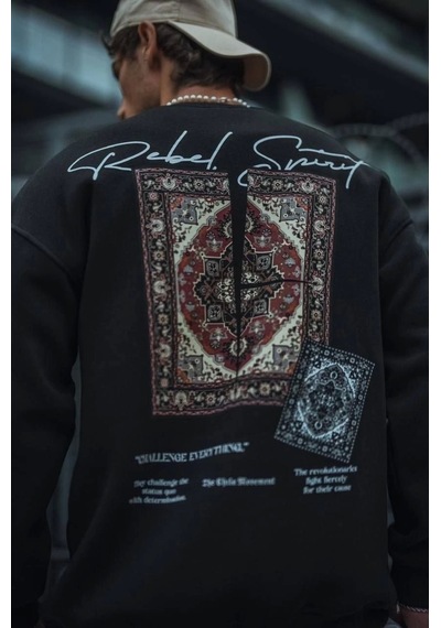 Uzun Kol Bisiklet Yaka Baskılı Sweatshirt - Siyah Siyah