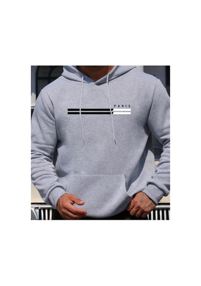 Herkesemoda Cizgi Paris Baskılı Kapşonlu Gri Sweatshirt Gri