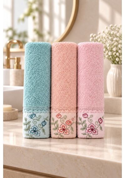 Bahar Dalı Çiçek Nakışlı El Yüz Havlusu 50x90 Cm 3 Lü Set %100 Pamuk - Coral Breeze Çok Renkli