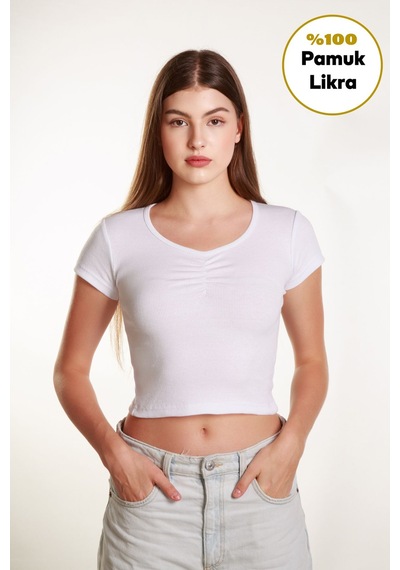 Mea Capio Kadın Fitted Crop Ön Yaka Bözgülü Fitilli Kollu Tshirt Atlet Bluz Beyaz