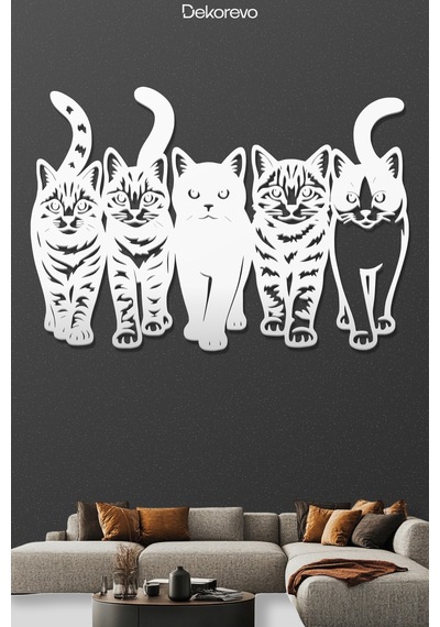Kedi Çetesi Beşli Kedi Silüeti Metal Duvar Dekoru - Metal Duvar Sanatı - Beyaz - 30 X 20 Cm