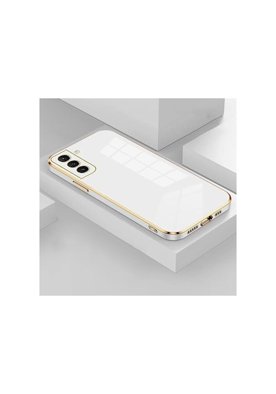 Fibaks Galaxy S23 Plus Uyumlu Kılıf Parlak Kenarlı Altın Işlemeli Kamera Korumalı Bark Kapak Beyaz