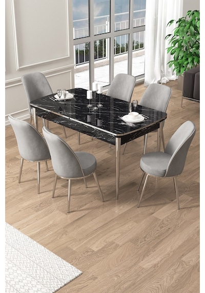Canisa Pale Serisi 80x132 Açılabilir Siyah Mermer Desen Mutfak Masa Takımı 6 Gri Sandalye Krom Detay Masa Siyah Mermer Desen Sandalye Gri Krom Ayak Canisa Pale Serisi 80x132 Açılabilir Siyah Mermer Desen Mutfak Masa Takımı 6 Gri Sandalye Krom Detay Masa Siyah Mermer Desen Sandalye Gri Krom Ayak