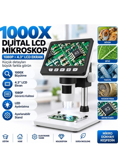 Luve Store 1000x Dijital Mikroskop 4.3 İnç Lcd Ekran 1080p Led Işıklı Usb Bağlantılı Masaüstü Mikroskop