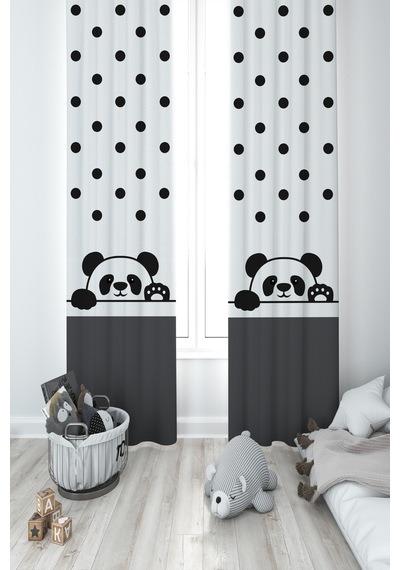 Mekta Home Bebek Ve Çocuk Odası El Sallayan Sevimli Panda Desenli 2 Kanat Fon Perde