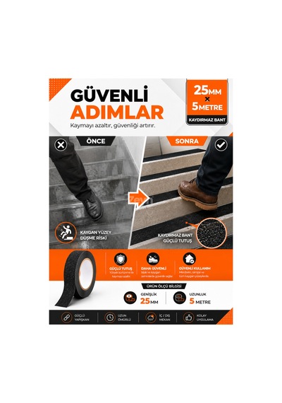 25mm X 5 Metre Siyah Kaydırmaz Bant Güçlü Yapışkanlı Merdiven, Rampa Ve Islak Zemin Güvenlik Bandı