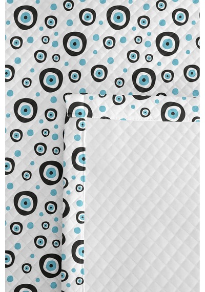 Mavi Geometrik Modern Tek Kişilik Pike Takımı - Beyaz Siyah Nazar Boncuğu 160x220 Cm Yatak Örtüsü Ahenkli Rüzgar Kırığı