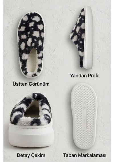 Hafif Ve Yumuşak Peluş Kaymaz Taban Anne Çocuk Misafir Siyah Leopar Desen Ev Terliği 5808