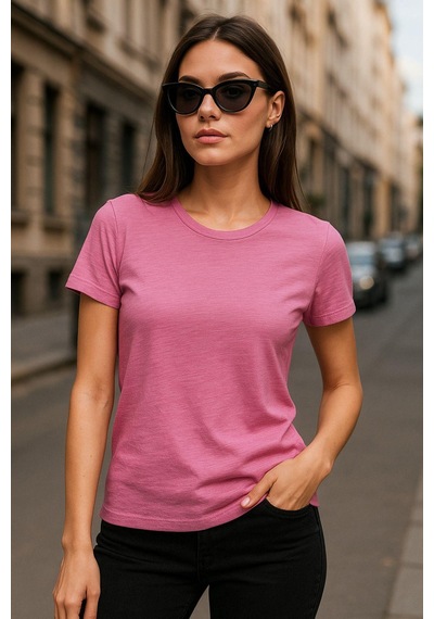 Kadın %100 Organik Pamuklu Relaxed Yıkamalı T-shirt Bisiklet Yaka Kısa Kollu Kadın Basic Tişört Fuşya