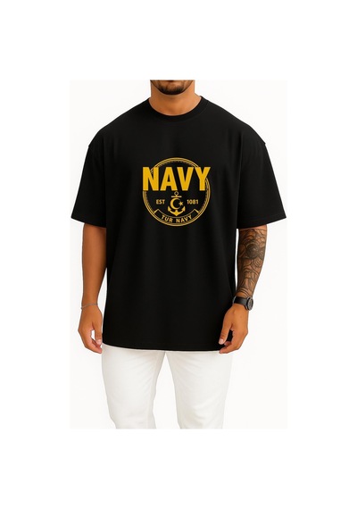 Bahriyeli Collection Oversize Tur Navy Göğüs Ve Sırt Baskılı Unisex T-shirt Siyah