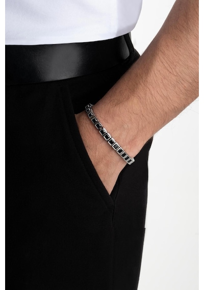 Siyah Taşlı 18 Ayar Beyaz Altın Kaplama Unisex Gümüş Su Yolu Bileklik Beyaz
