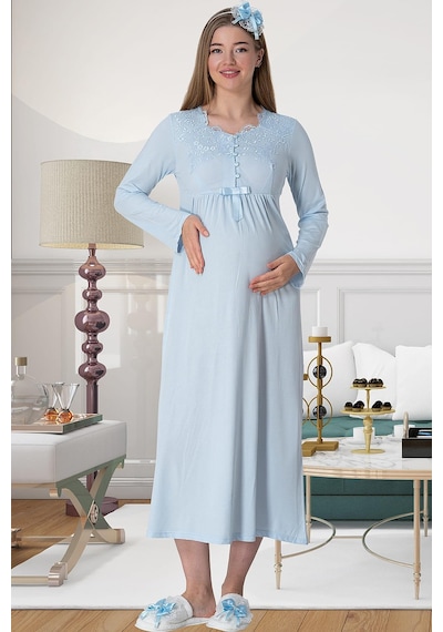 Mecit Pijama Mecit 5417 Mavi Uzun Sabahlıklı Lohusa Gecelik Takımı