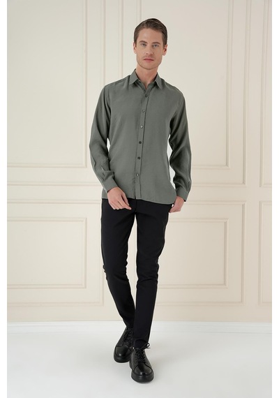 Efor Slim Fit %100 Modal Uzun Kol Klasik Haki Gömlek Gk 743 Haki