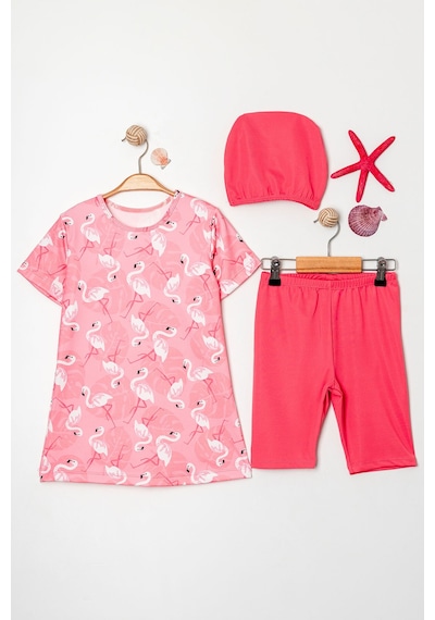 Beniizle Volan Etekli Boneli Kız Çocuk Üçlü Mayo Set Flamingo