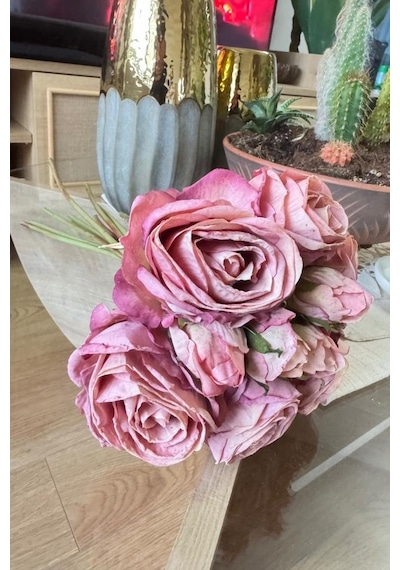 Yapay Çiçek Kuru Gül Pembe Gül Kurusu Renk 6çiçek 4tomurcuk 10lu Demet Gelin Çiçeği Buketi