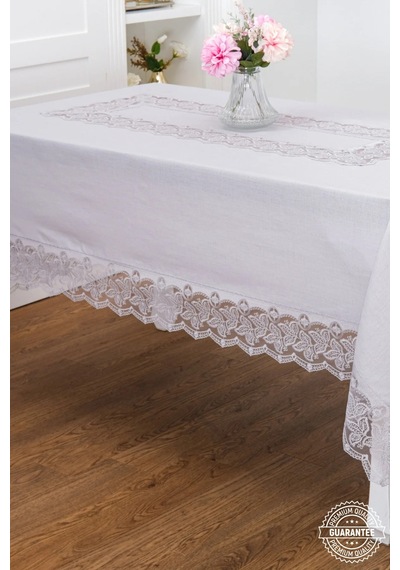 Beril Lüx Dantelli Keten Kumaş Gri Masa Örtüsü 160x230 Cm - 1122 Çok Renkli