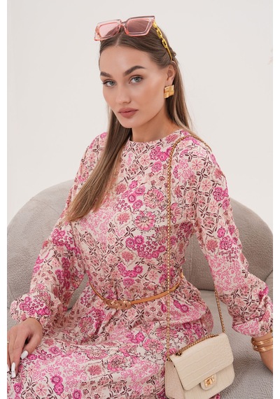 Polologin Butik Çiçekli Viskon Elbise Pembe