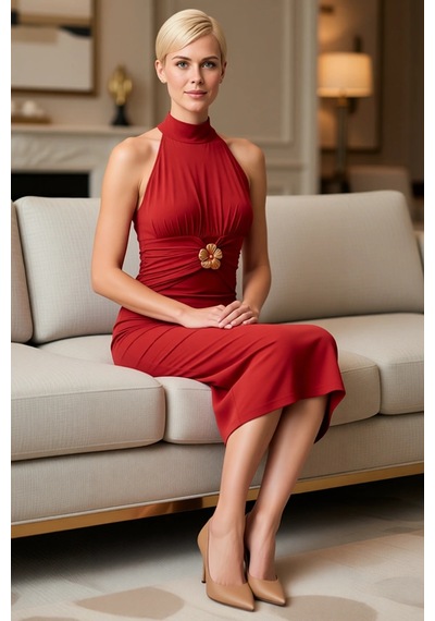 Benerly Kadın Halter Yaka Kolsuz Bodycon Midi Elbise Aksesuar Detaylı Ast Kiremit