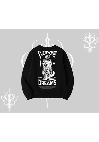 Startmore Everyone Has Dreams Yazılı Astronot Kedi Arka Baskılı Biskilet Sweatshirt Siyah