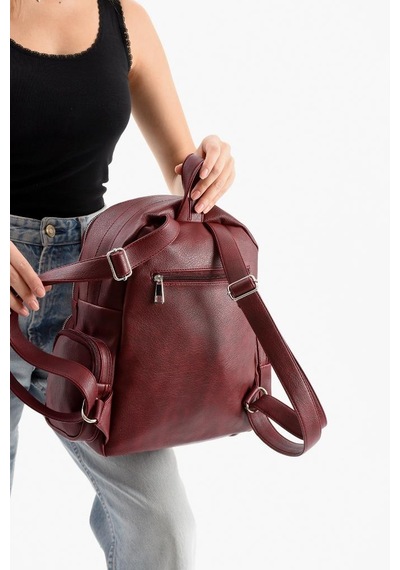 Baginn Suni Deri Kadın Sırt Çantası 38 28 Cm Mega Bag Günlük Kullanıma Uygun Çok Cepli İçi Astarlı Bordo