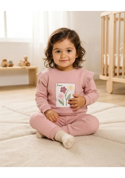 Betüş Kids Wear Alt Üst Takım Kız Bebek Pudra Çiçek Baskılı Fırfır Detaylı 2 Parça