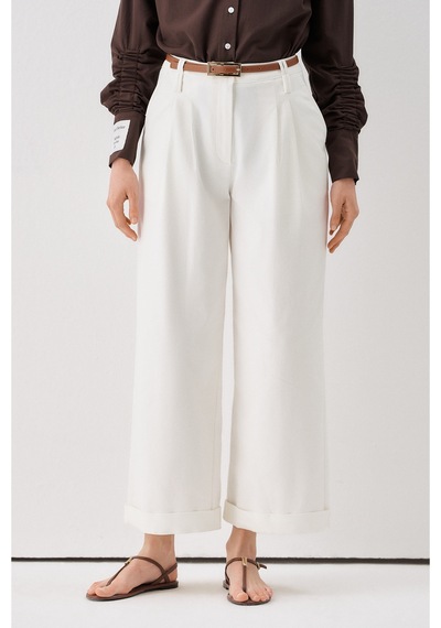 Sagaza Studio Ss6153 Kemerli Cep Detaylı Bol Pantolon Ekru