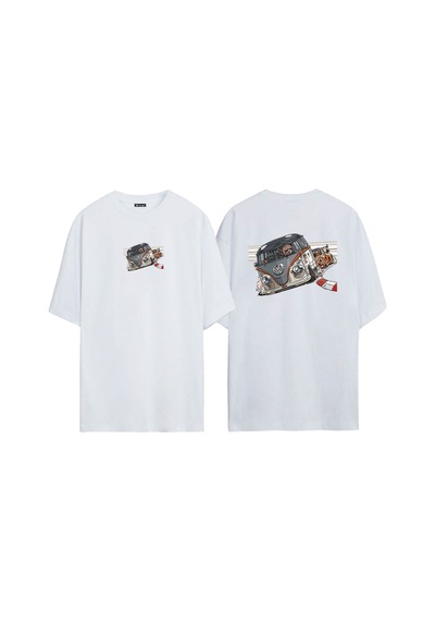 Thewert Unisex Araba Yarışı Vosvos Ön Arka Baskılı Beyaz Oversize T-shirt