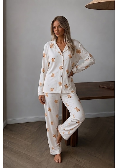 Fit Women Kadın Düğmeli Uzun Uyku Ve Beyaz Pijama Takımı