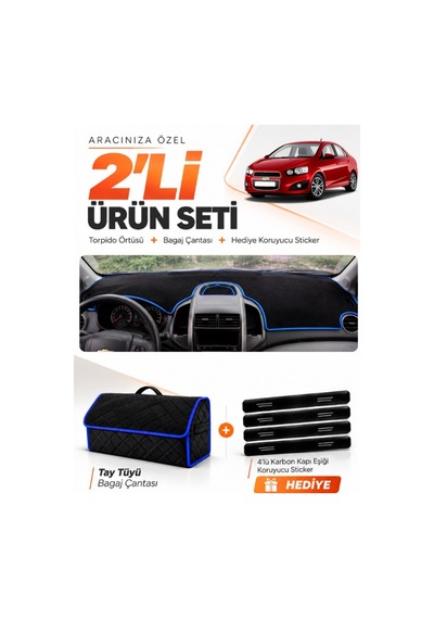 Chevrolet Aveo T300 2011-2015 Uyumlu Torpido Örtüsü + Tay Tüyü Bagaj Çantası Seti - Siyah Mavi