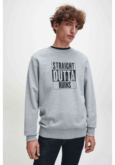 Pubg Straight Outta Ruins Baskılı Gri Melanj Erkek Örme Sweat