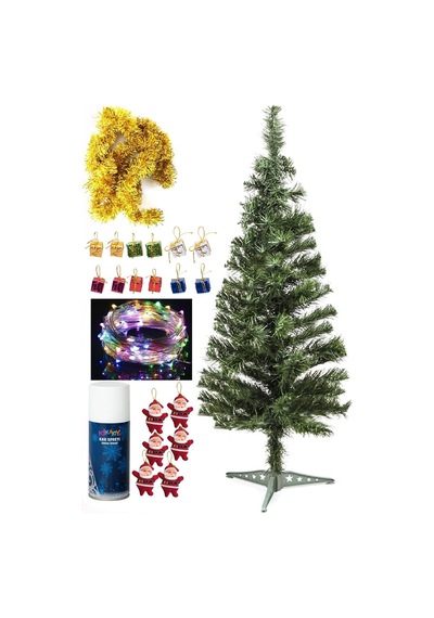 120 Cm Yılbaşı Çam Ağaç Seti 5 Metre Peri Led Işıklı Ve Yılbaşı Süsleri Paketi, Kar Spreyi