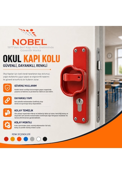Okul Kapı Kolu Kreş, Anaokulu Ve Sınıf Kapıları İçin Çocuk Korumalı Emniyetli Dayanıklı Plastik Kapı Kolu - Kırmızı