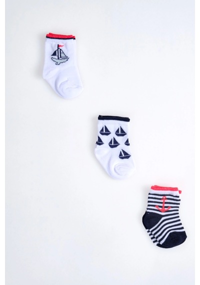 Cocole Socks Erkek Çocuk Soket Çorabı 3 Lü Set Pamuklu Yelkenli & Çapa Desenli Çok Renkli