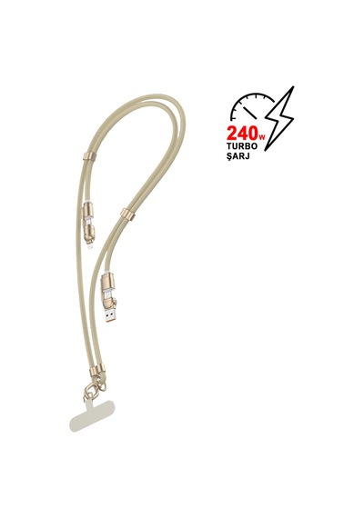 240w 5'i 1 Arada Usb/type-c/lightning Boyun Askılı Turbo Şarj Ve Data Kablosu Hasır Kablo Bej Mt2515