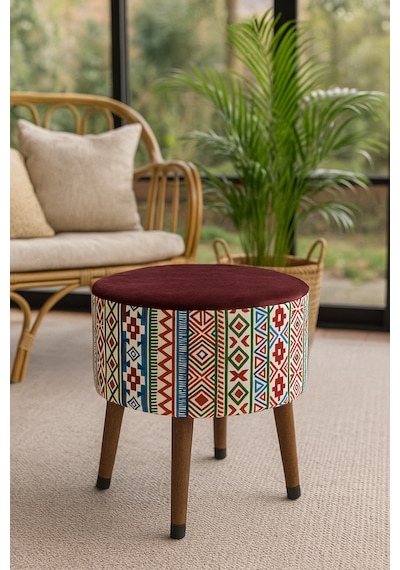 Ustaagac Puf Koltuk Bench Tabure Modern Kilim Bordo - Ahşap Ayaklı - Doğal Modern Stil Bordo Mürdüm